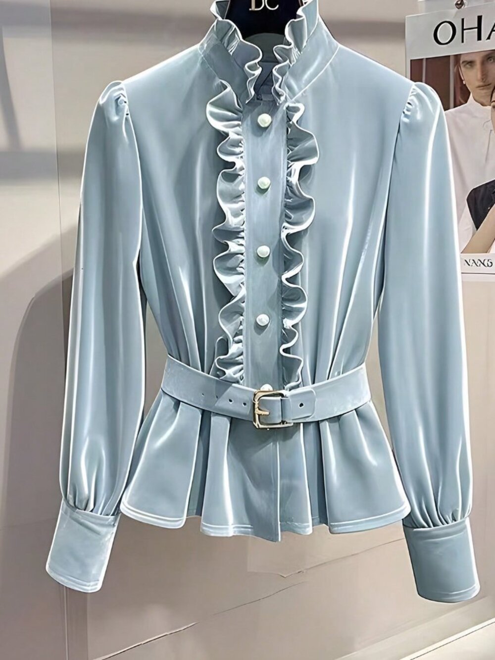 Baby Blue Elegant Women's Velvet Button Front Regular Fit Long Sleeve Shirt
